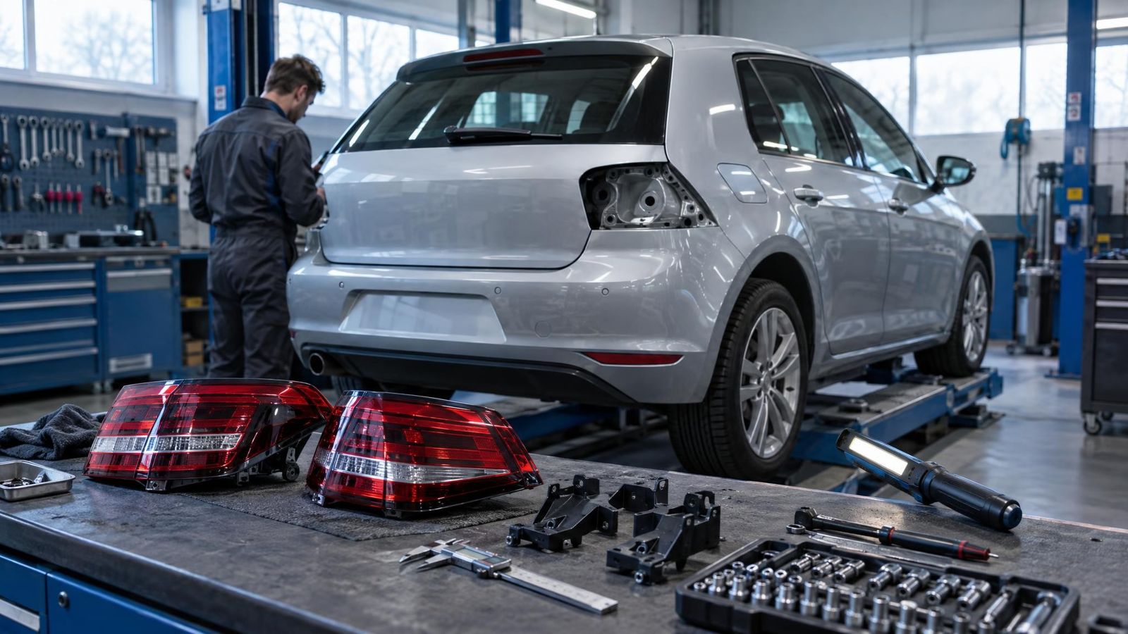 Hatchback in werkplaats met tuningonderdelen en meetgereedschap voor pasvormcontrole